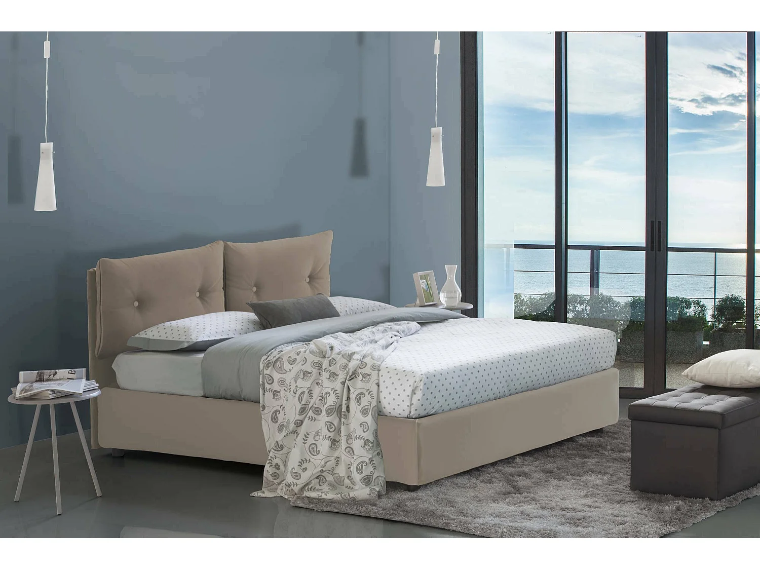 Doppelbett Morena, Bettkasten mit Kunstlederbezug, 100 % Made in Italy, Ã–ffnung vorne, inklusive Matratze 160 x 200 cm, Taupe