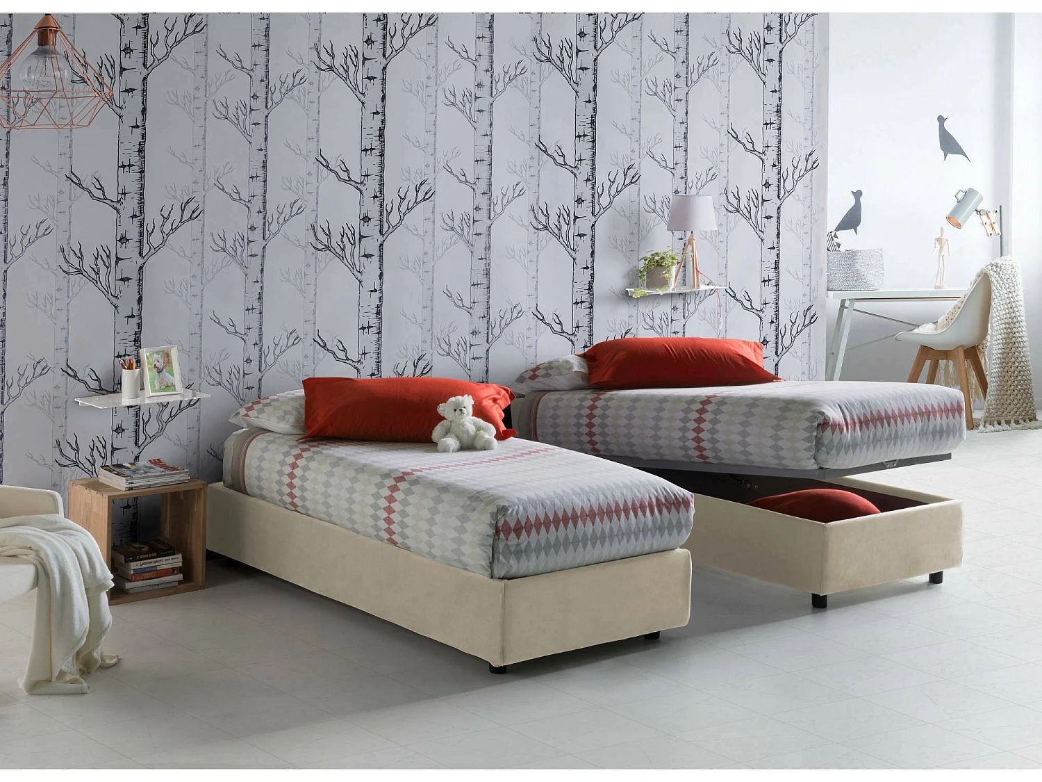 Einzelbett Asia, Bettkasten mit Stoffbezug, 100 % Made in Italy, Ã–ffnung vorne, geeignet für Matratze 80x190 cm, Beige