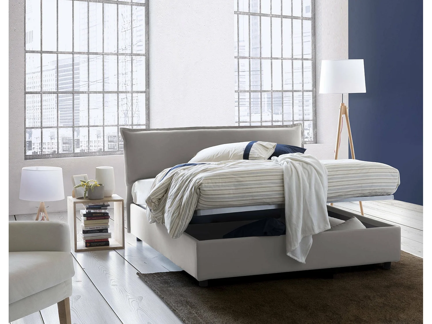 Lit double Clio, Lit coffre déhoussable avec tête de lit rembourrée et cadre de lit coffre, 100% Made in Italy, adapté pour matelas 160x190 cm, Gris
