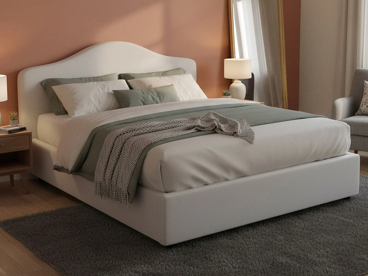 Lit double Annunziata, Lit coffre avec revêtement en tissu, 100% Made in Italy, Ouverture frontale, avec matelas 160x190 cm inclus, Blanc