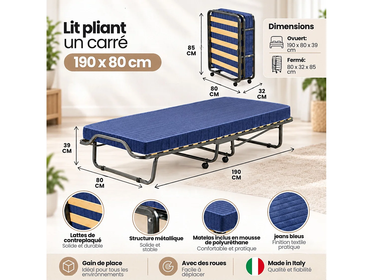 Lit pliant Priscilla, lit simple orthopédique et pliable, 100% Made in Italy, avec matelas 80x190 cm inclus