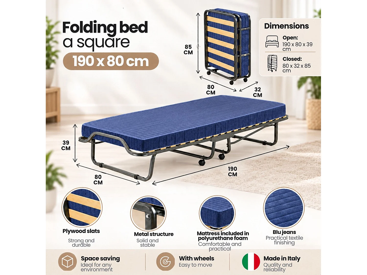 Lit pliant Priscilla, lit simple orthopédique et pliable, 100% Made in Italy, avec matelas 80x190 cm inclus