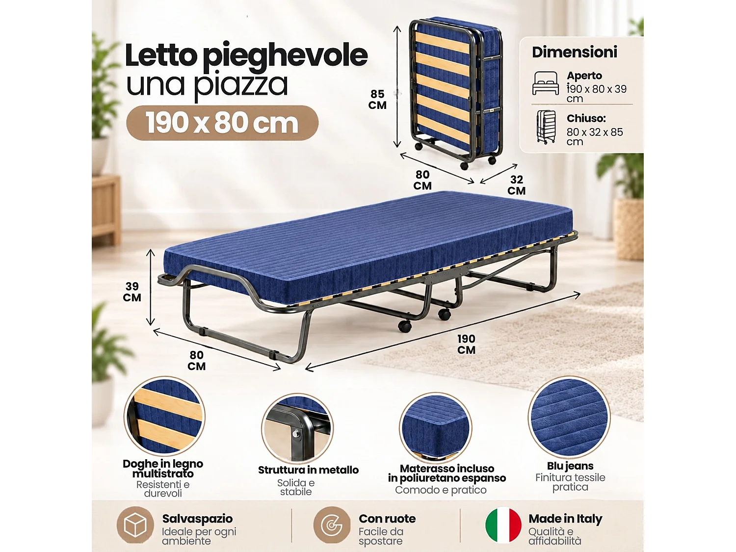Lit pliant Priscilla, lit simple orthopédique et pliable, 100% Made in Italy, avec matelas 80x190 cm inclus