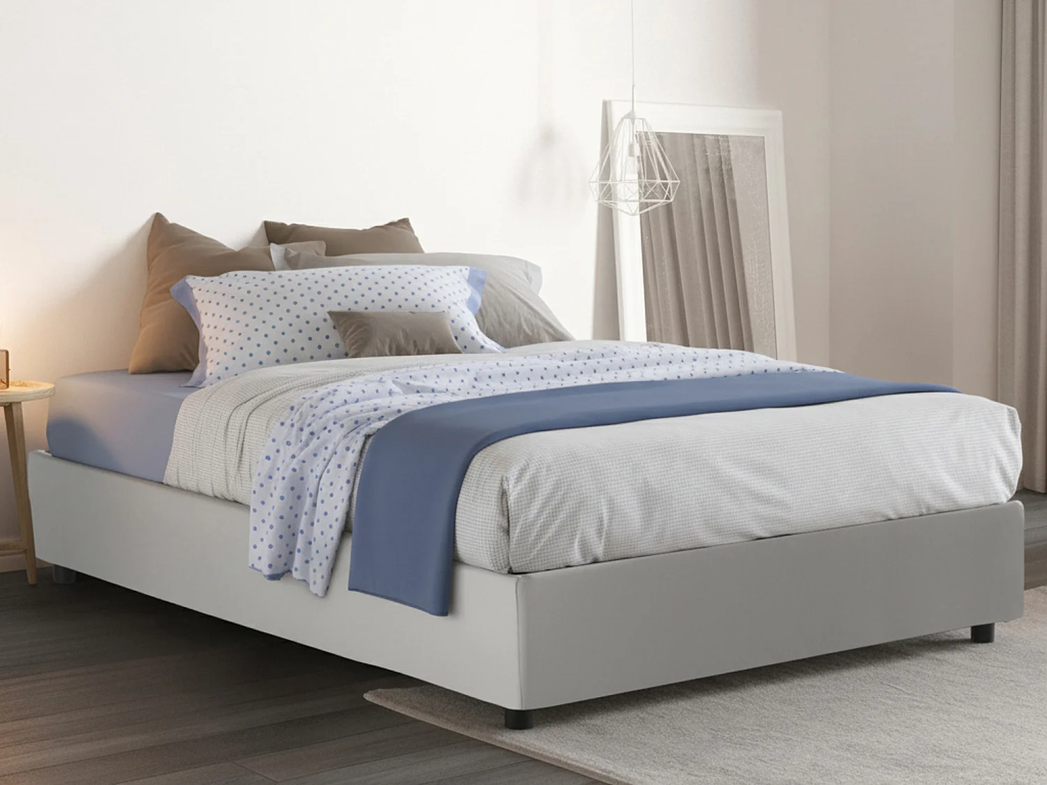 Lit double Arianna, Lit coffre avec revêtement en tissu, 100% Made in Italy, Ouverture frontale, adapté pour matelas 120x200 cm, Blanc