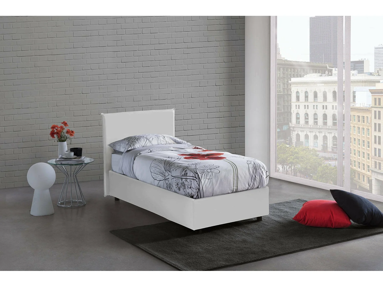 Cesidia eenpersoonsbed, Opbergbed met bekleding van eco-leer, 100% Made in Italy, Opening aan de voorzijde, inclusief matras van 90x190 cm, Wit