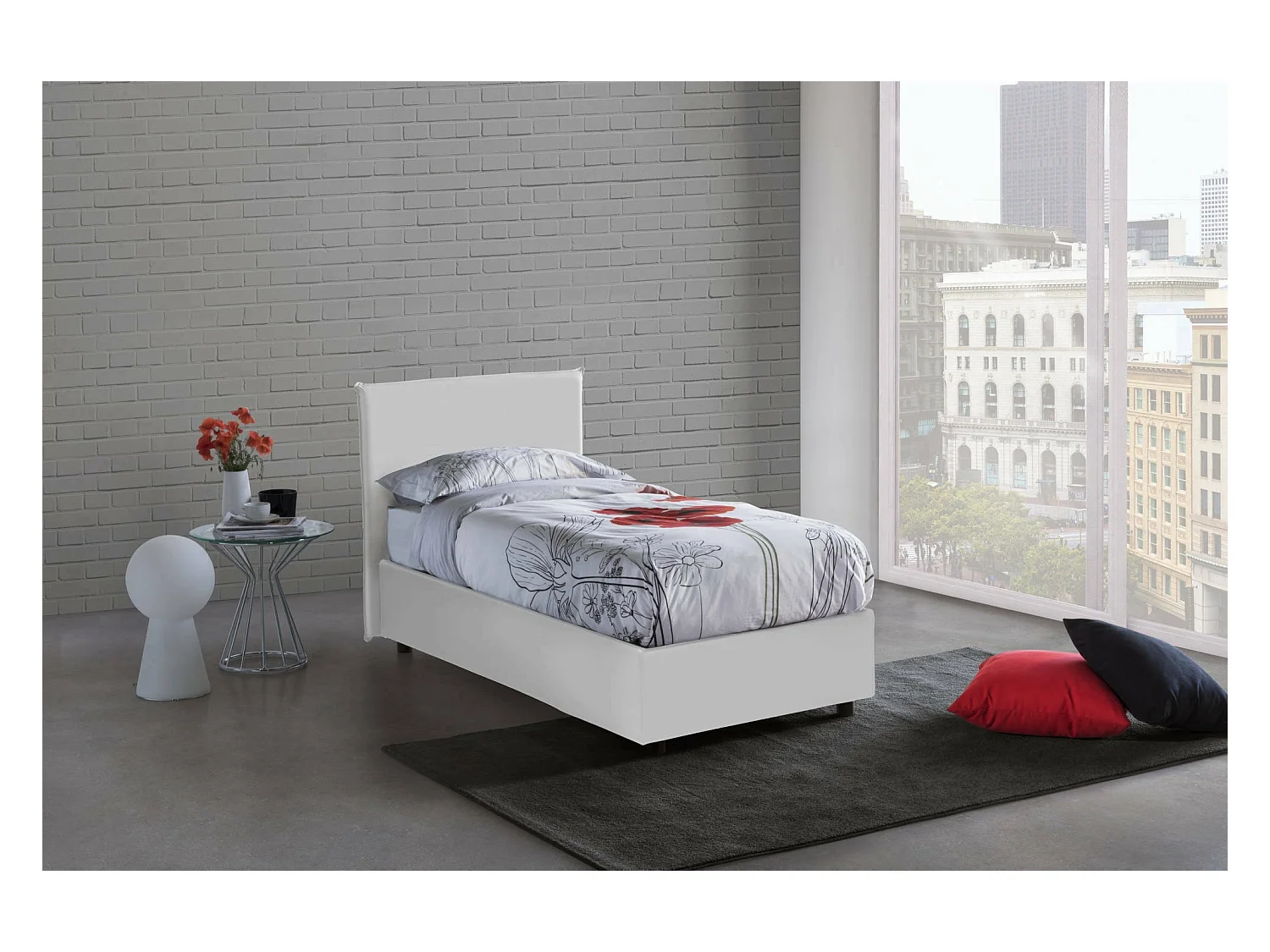 Lit simple Cesidia, Lit coffre avec revêtement en éco-cuir, 100% Made in Italy, Ouverture frontale, avec matelas 90x190 cm inclus, Blanc