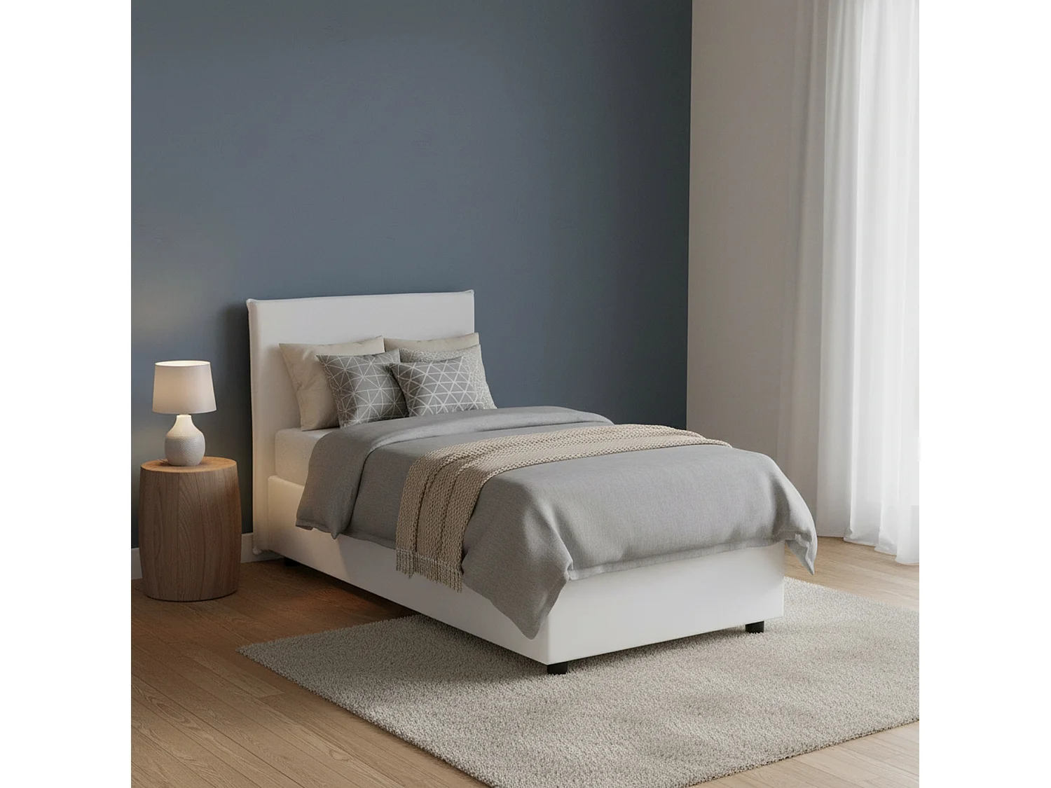 Lit simple Cesidia, Lit coffre avec revêtement en éco-cuir, 100% Made in Italy, Ouverture frontale, avec matelas 90x190 cm inclus, Blanc