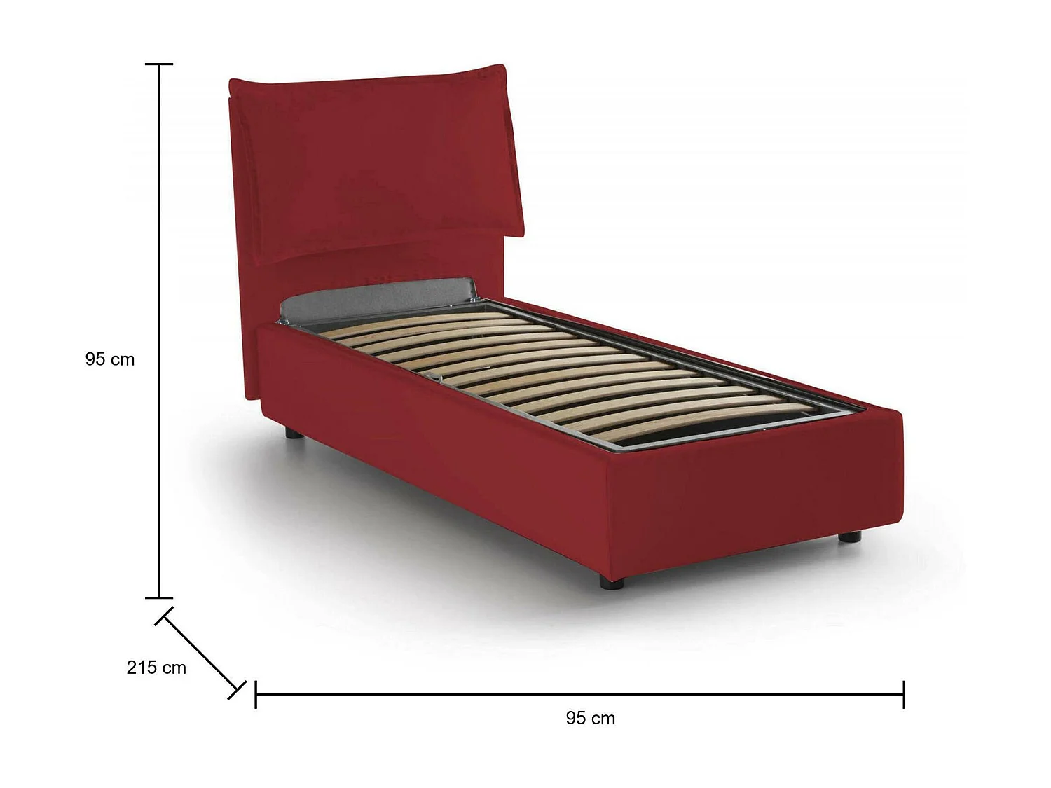 Gemma eenpersoonsbed, Opbergbed met stoffen bekleding, 100% Made in Italy, Opening aan de voorkant, geschikt voor matras van 80x200 cm, Rood