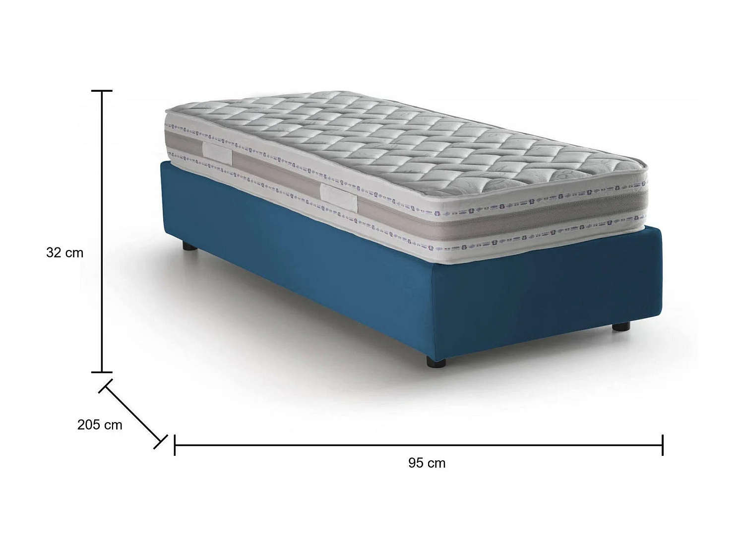 Einzelbett Amelia, Bettkasten mit Stoffbezug, 100 % Made in Italy, Ã–ffnung vorne, inklusive Matratze 80 x 190 cm, Blau