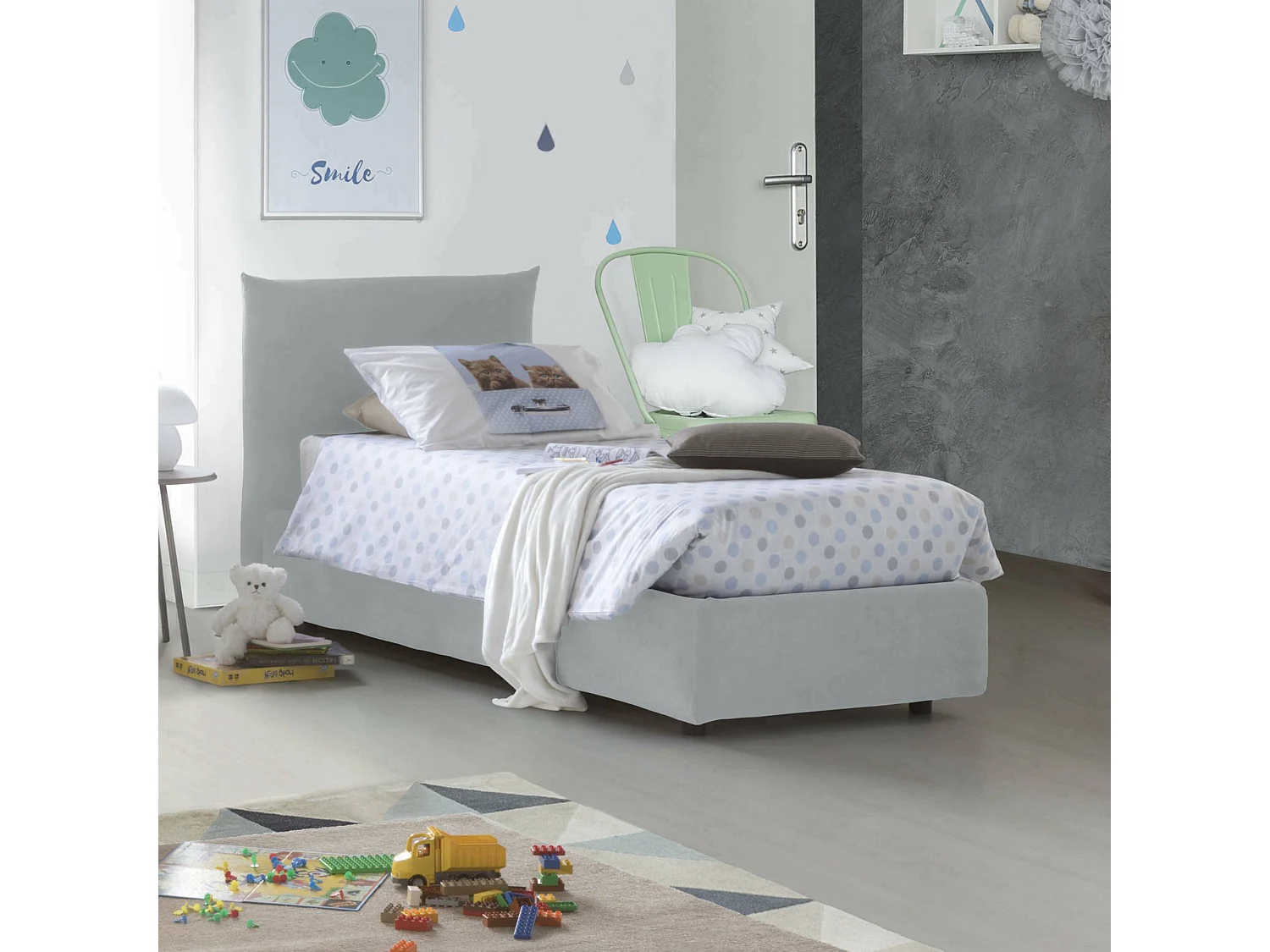 Letto singolo Clarissa, Letto contenitore con rivestimento in tessuto, 100% Made in Italy, Apertura frontale, adatto per materasso Cm 80x190, Bianco