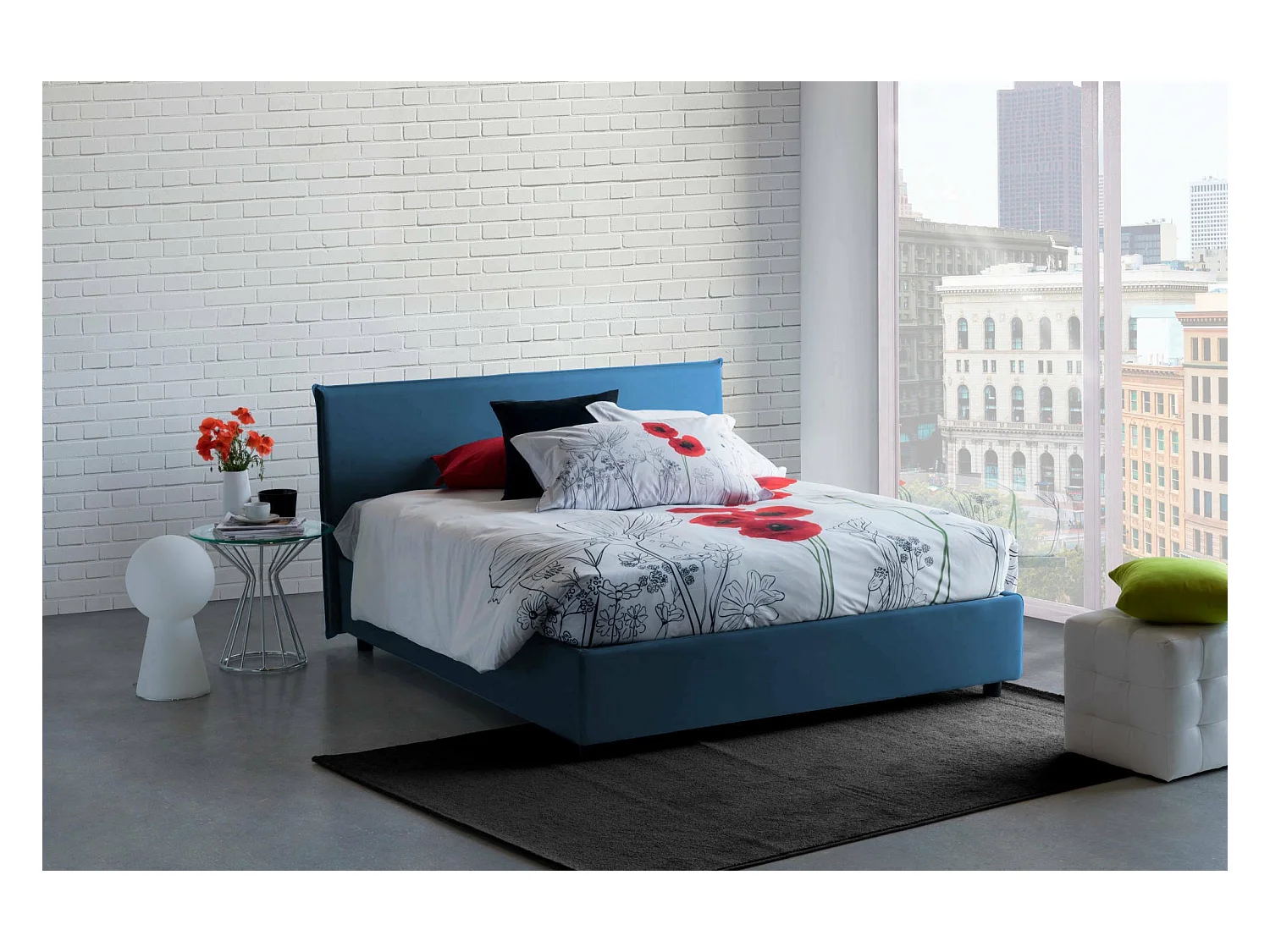 Doppelbett Bernadette, Bettkasten mit Stoffbezug, 100 % Made in Italy, Öffnung vorne, inklusive Matratze 140 x 200 cm, Blau