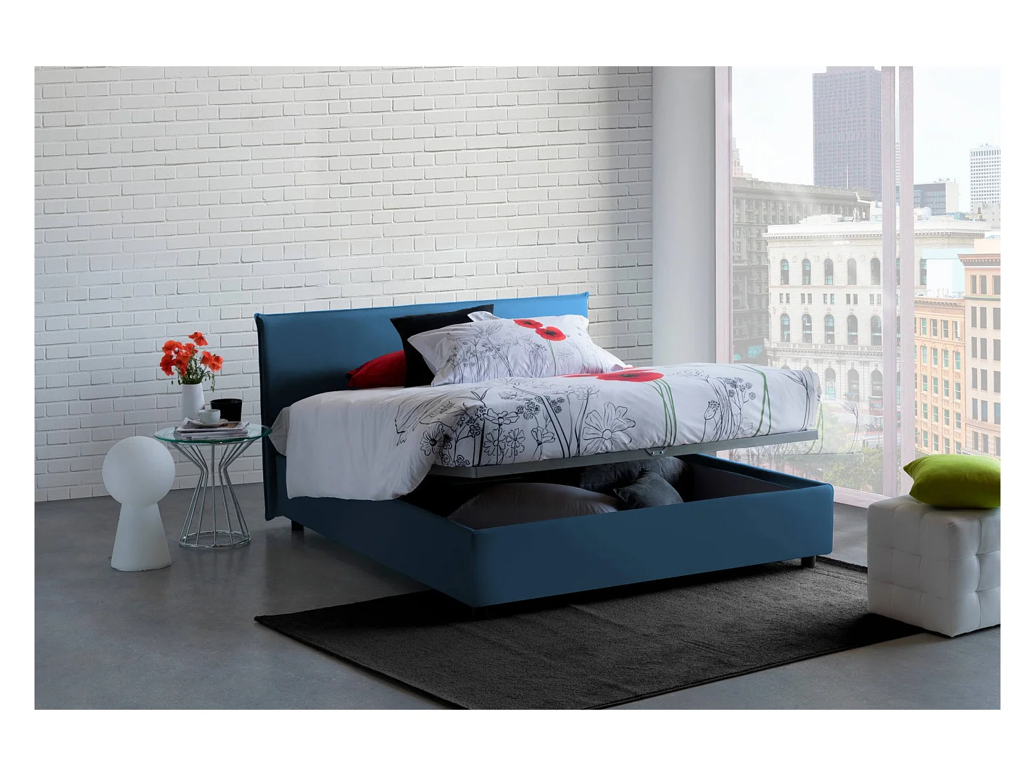 Doppelbett Bernadette, Bettkasten mit Stoffbezug, 100 % Made in Italy, Öffnung vorne, inklusive Matratze 140 x 200 cm, Blau