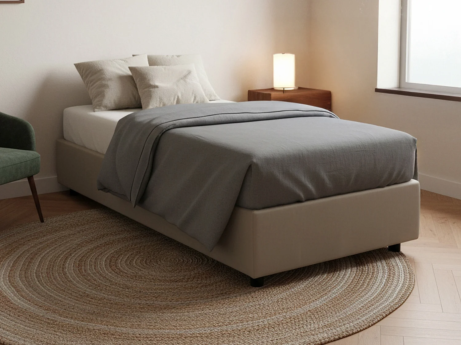 Lit simple Benedetta, Lit coffre avec revêtement en éco-cuir, 100% Made in Italy, Ouverture frontale, avec matelas 80x200 cm inclus, Taupe