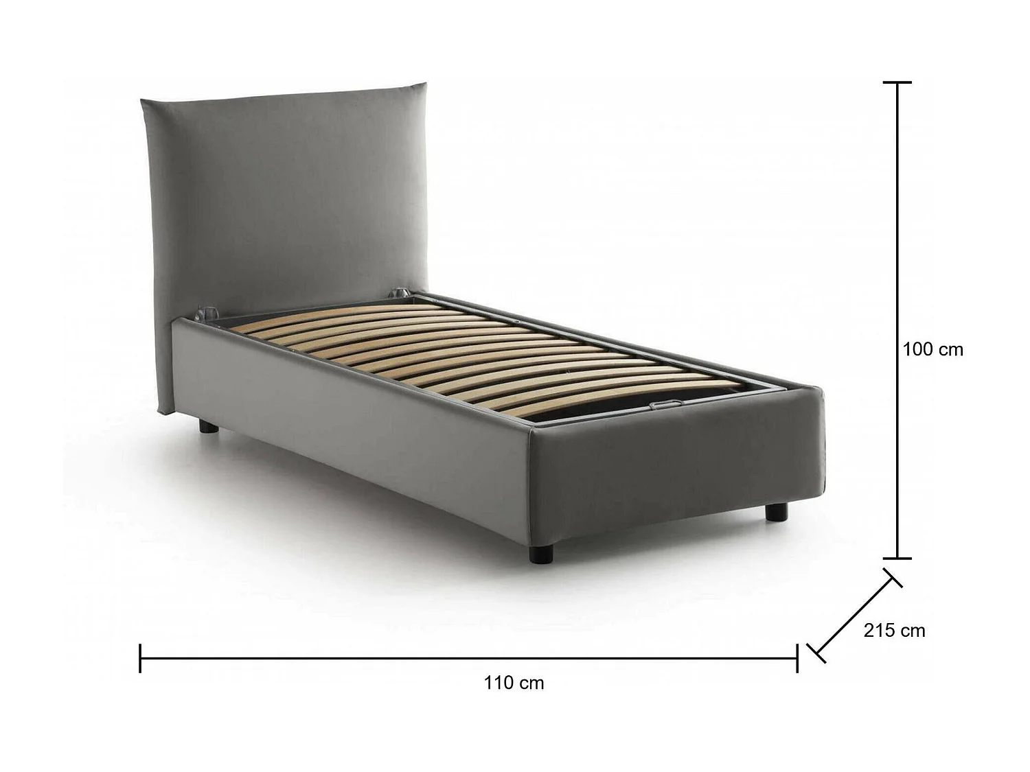 Marina Einzelbett, Bettkasten mit Stoffbezug, 100 % Made in Italy, seitliche Öffnung, geeignet für Matratze 80x190 cm, Grau