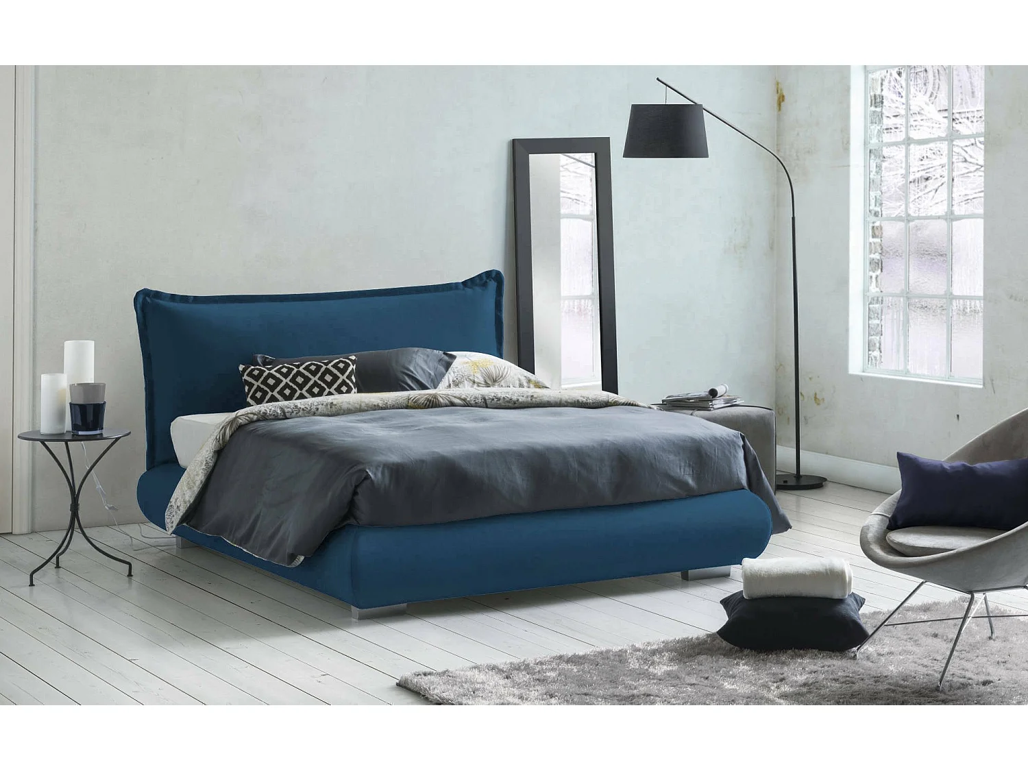 Cama de casal Ilenia, Cama de arrumação com forro de tecido e cabeceira, 100% Fabricado em Itália, Abertura frontal, adequada para colchão 160x190 cm, Azul