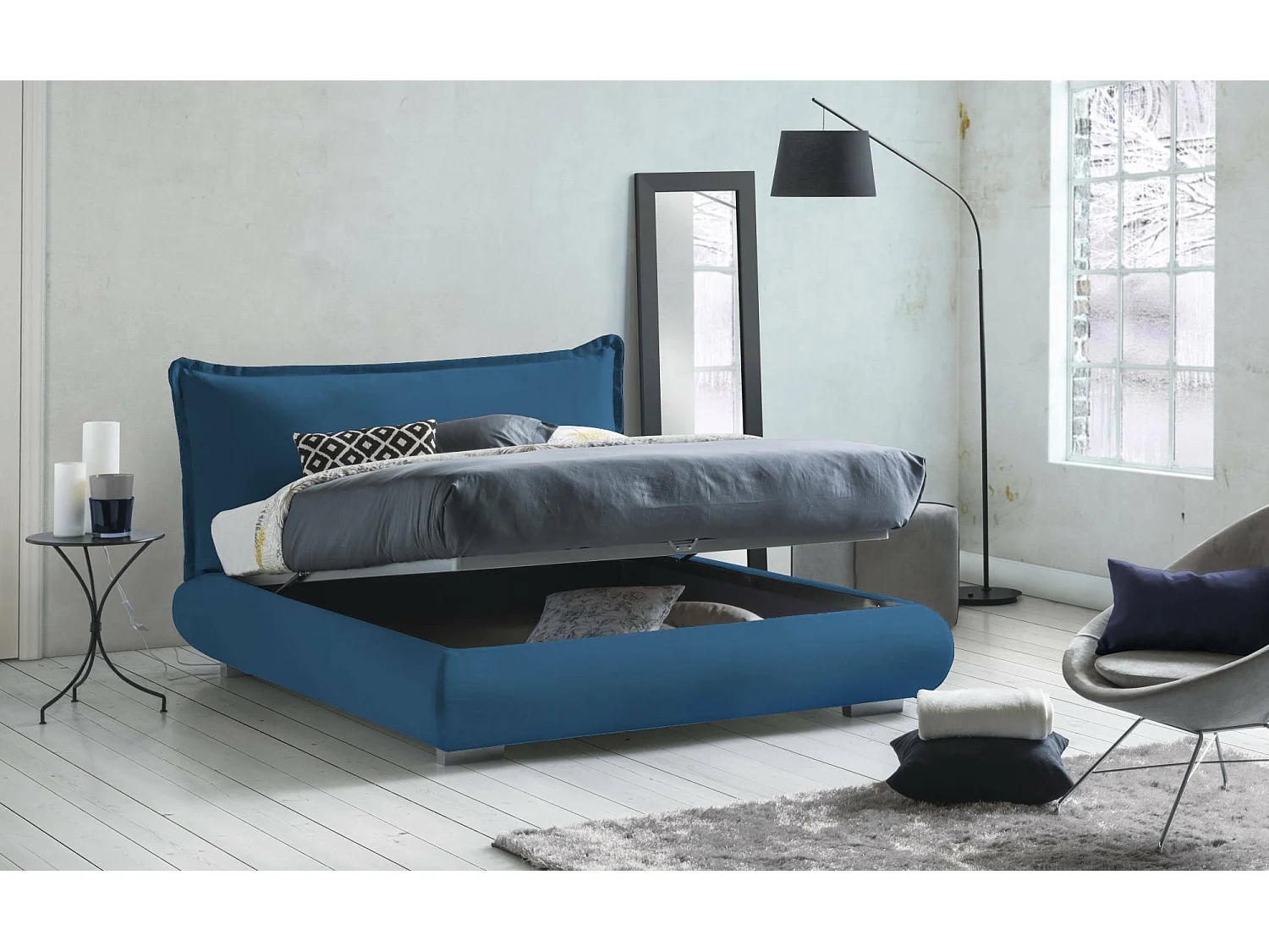 Cama de casal Ilenia, Cama de arrumação com forro de tecido e cabeceira, 100% Fabricado em Itália, Abertura frontal, adequada para colchão 160x190 cm, Azul