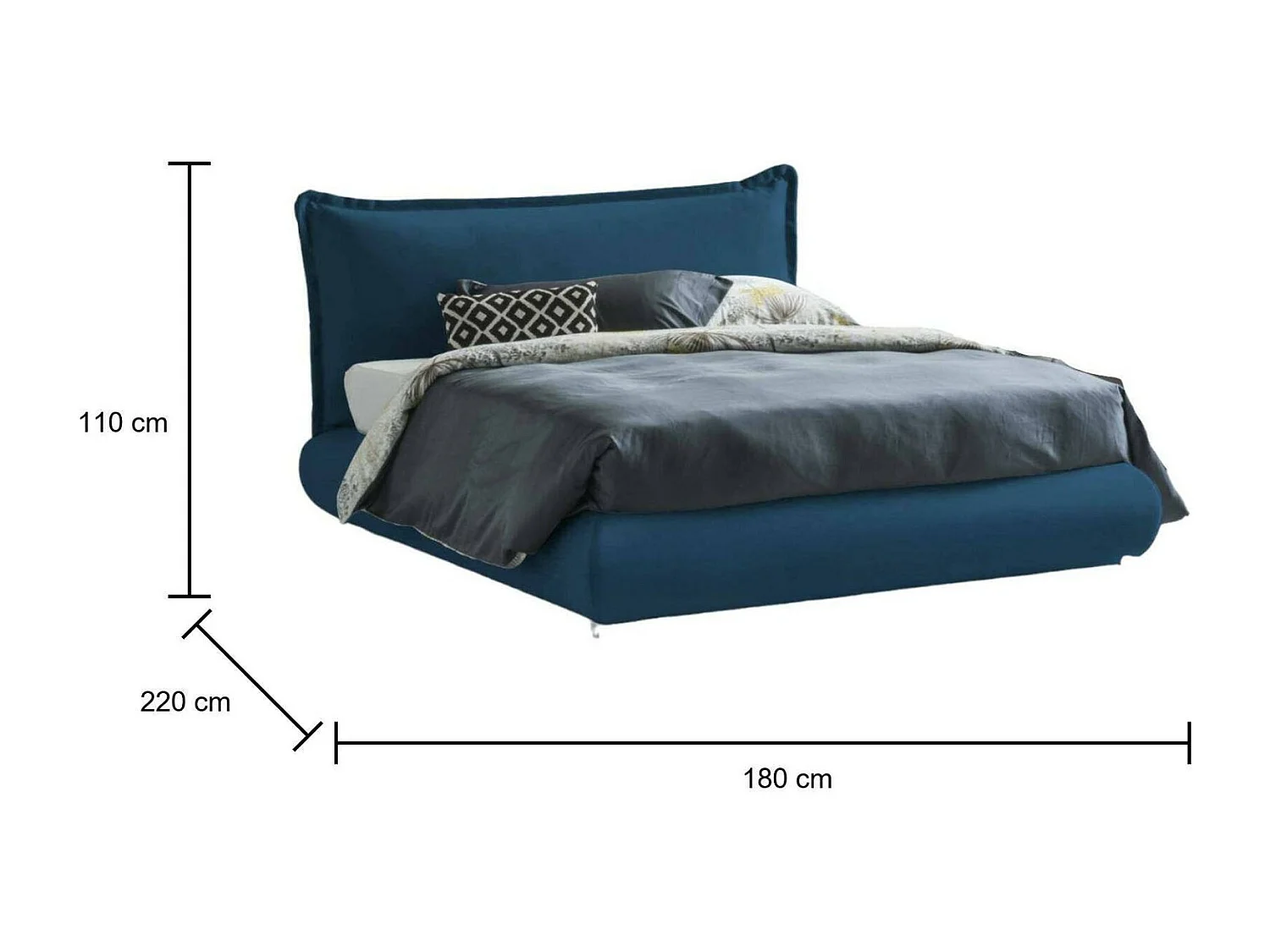 Lit double Ilenia, Lit coffre avec revêtement et tête de lit en tissu, 100% Made in Italy, Ouverture frontale, adapté pour matelas 160x190 cm, Bleu