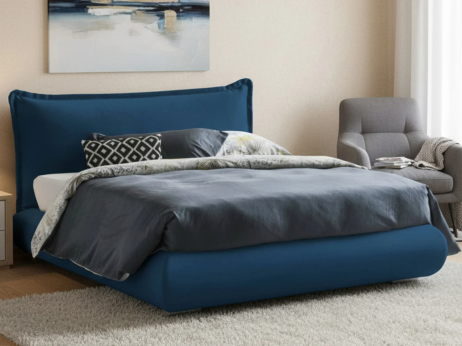 Letto matrimoniale Ilenia, Letto contenitore con rivestimento e testata in tessuto, 100% Made in Italy, Apertura frontale, adatto per materasso 160x190 cm, Blu
