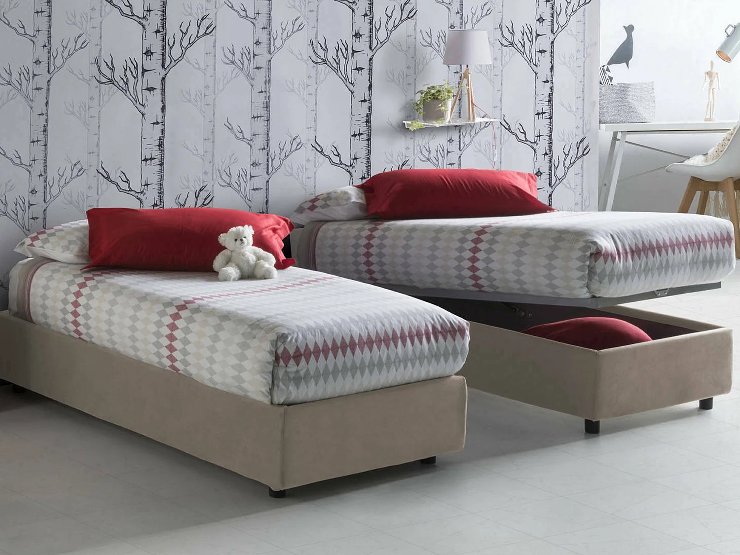Letto singolo Valentina, Letto contenitore con rivestimento in tessuto, 100% Made in Italy, Apertura frontale, con materasso Cm 90x200 incluso, Tortora