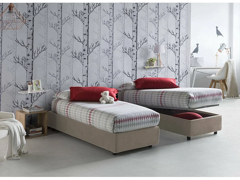 Lit simple Valentina, Lit coffre avec revêtement en tissu, 100% Made in Italy, Ouverture frontale, avec matelas 90x200 cm inclus, Taupe