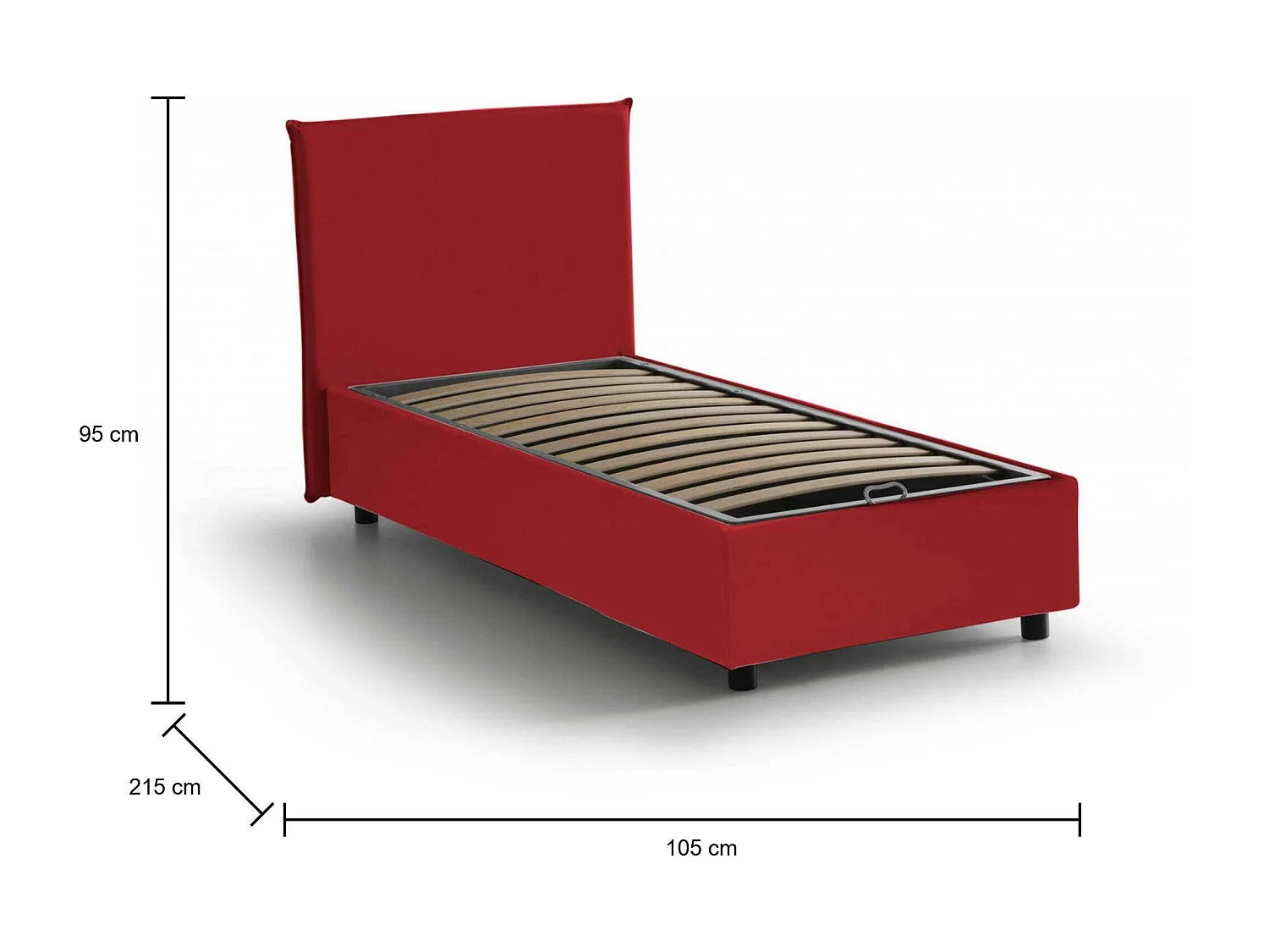 Einzelbett Cira, Bettkasten mit Stoffbezug, 100 % Made in Italy, Ã–ffnung vorne, geeignet für Matratzen 90 x 200 cm, Rot