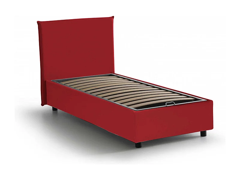 Cama de solteiro Cira, Cama de armazenamento com forro de tecido, 100% Fabricado na Itália, Abertura frontal, adequada para colchão de 90x200 cm, Vermelho