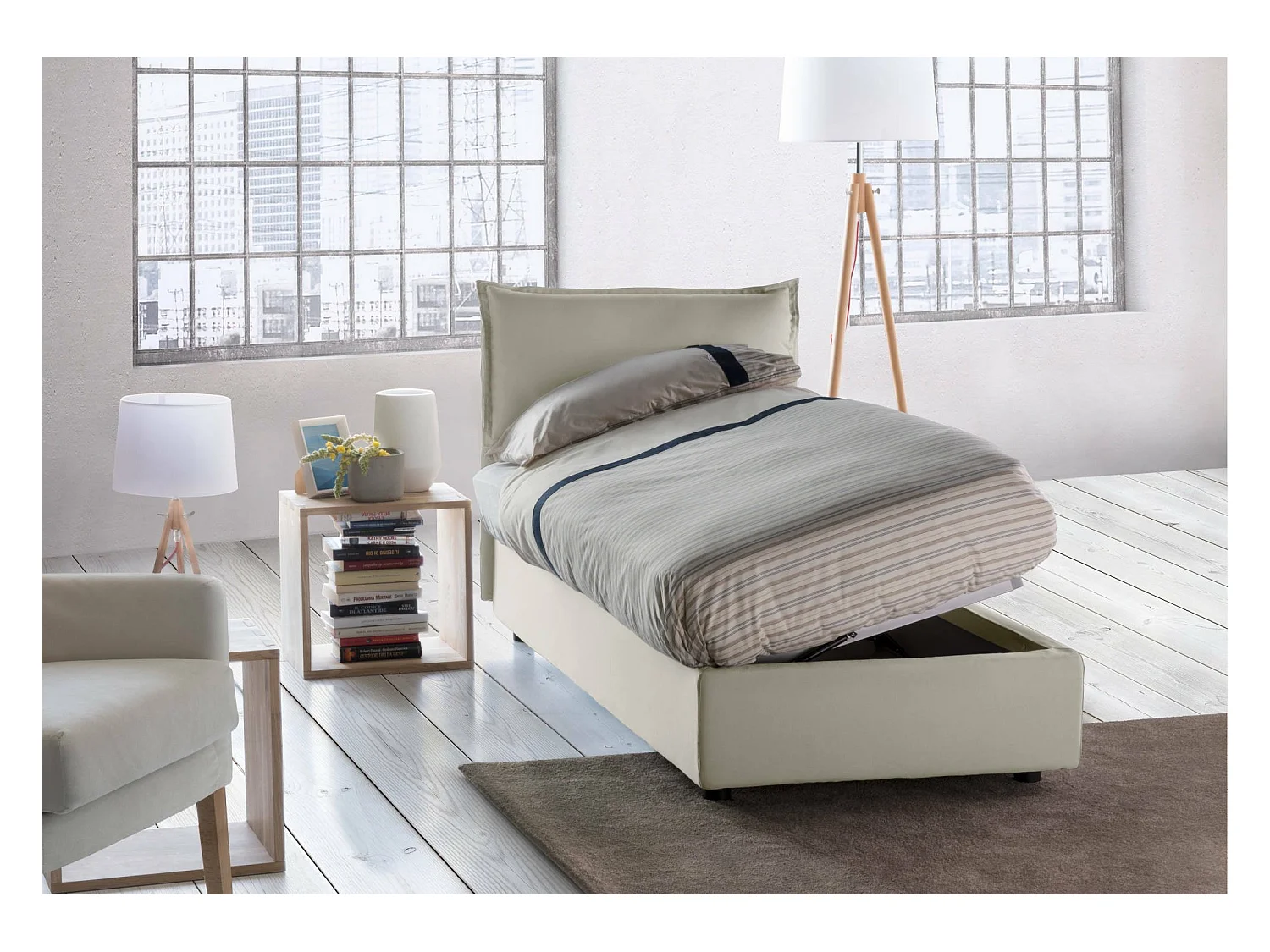 Lit simple Luna, Lit coffre avec revêtement en tissu, 100% Made in Italy, Ouverture latérale, adapté pour matelas 80x190 cm, Beige