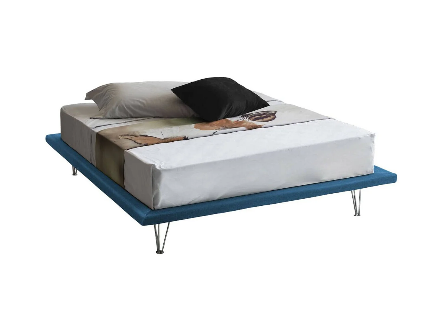 Lit double Linda, Lit fixe en tissu avec pieds, 100% Made in Italy, adapté pour matelas 160x200 cm, Bleu