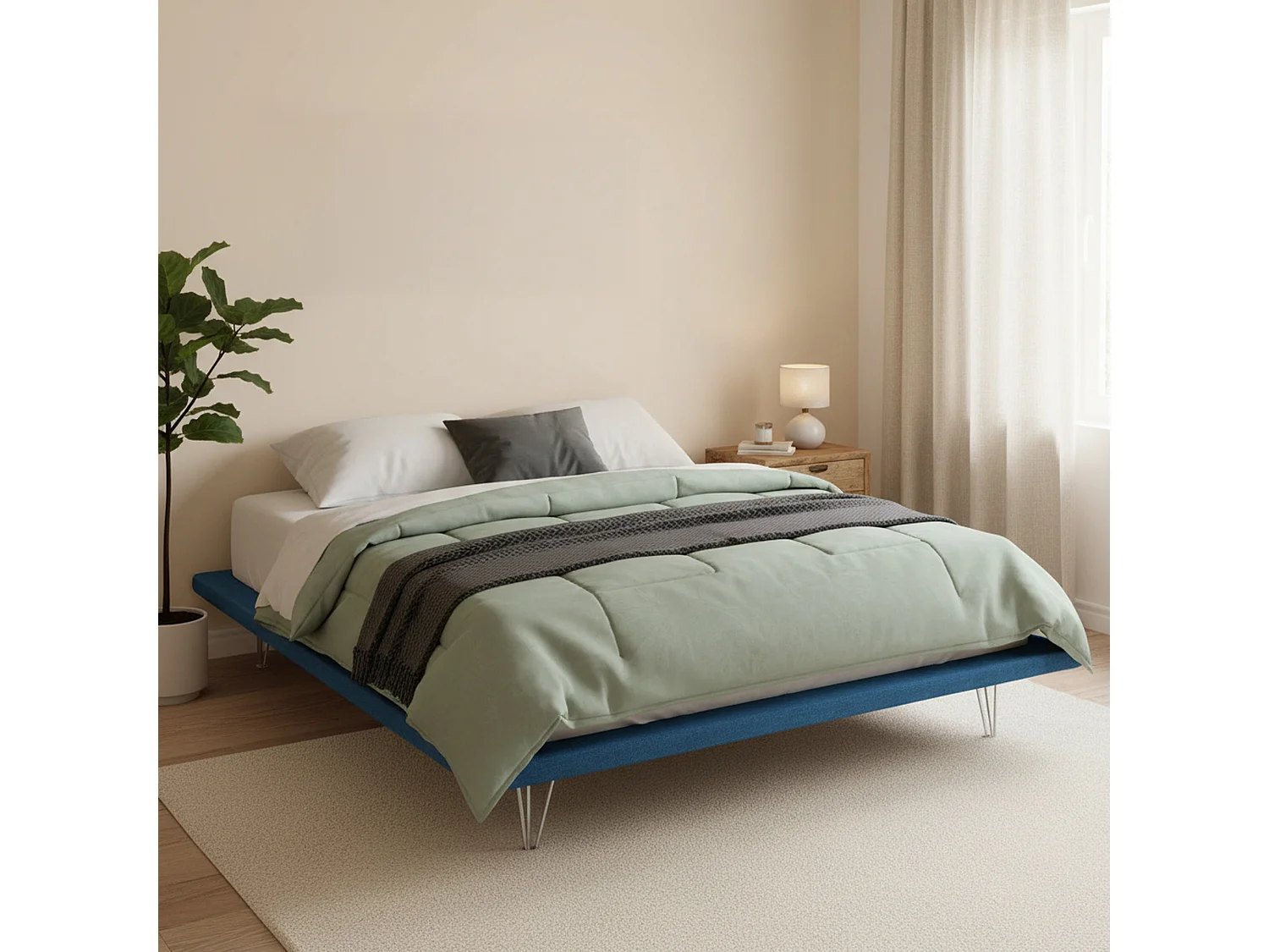 Lit double Linda, Lit fixe en tissu avec pieds, 100% Made in Italy, adapté pour matelas 160x200 cm, Bleu