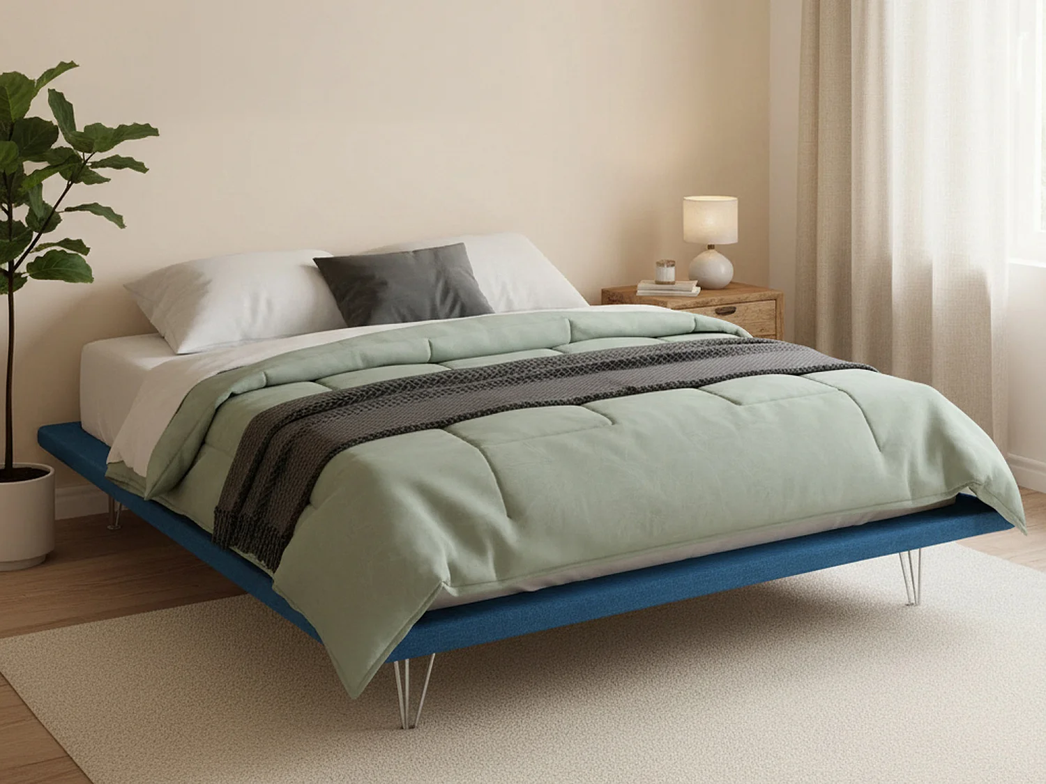 Lit double Linda, Lit fixe en tissu avec pieds, 100% Made in Italy, adapté pour matelas 160x200 cm, Bleu