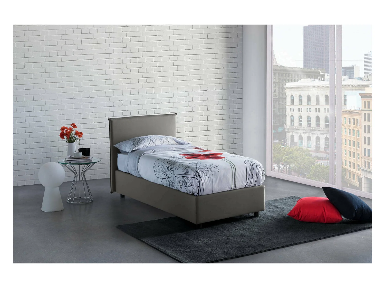 Brunella-Einzelbett, Bettkasten mit Stoffbezug, 100 % Made in Italy, Öffnung vorne, inklusive Matratze 80 x 190 cm, Grau