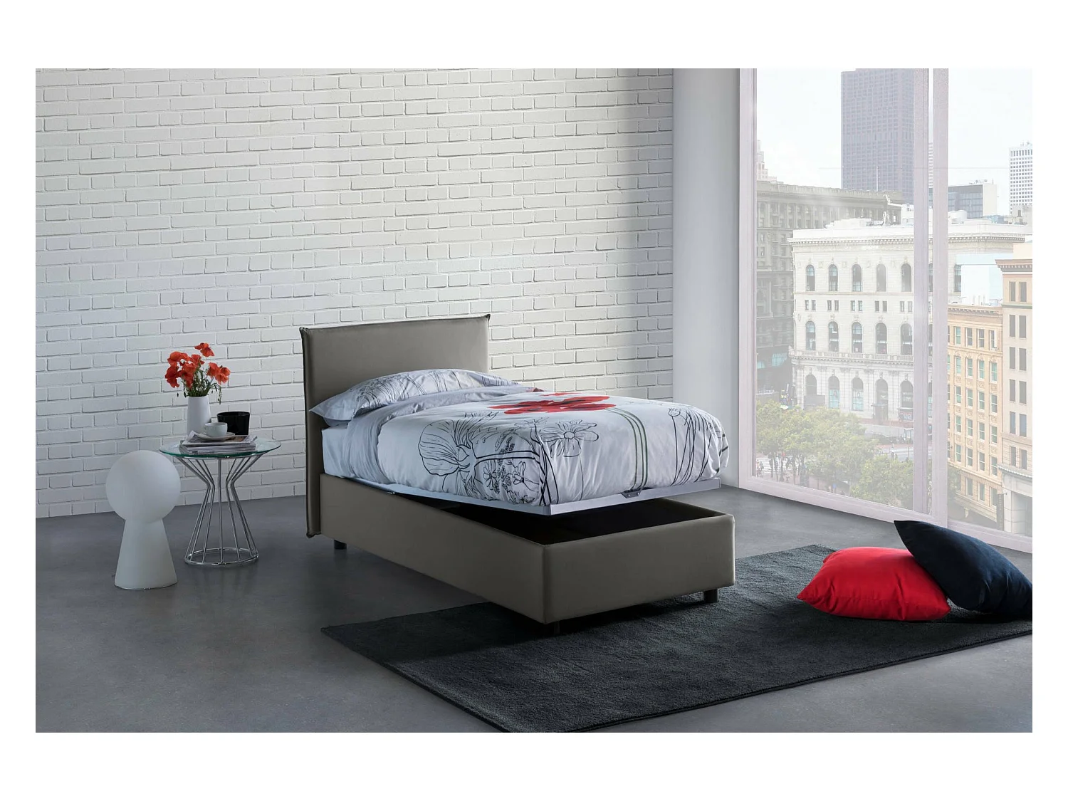 Brunella-Einzelbett, Bettkasten mit Stoffbezug, 100 % Made in Italy, Öffnung vorne, inklusive Matratze 80 x 190 cm, Grau