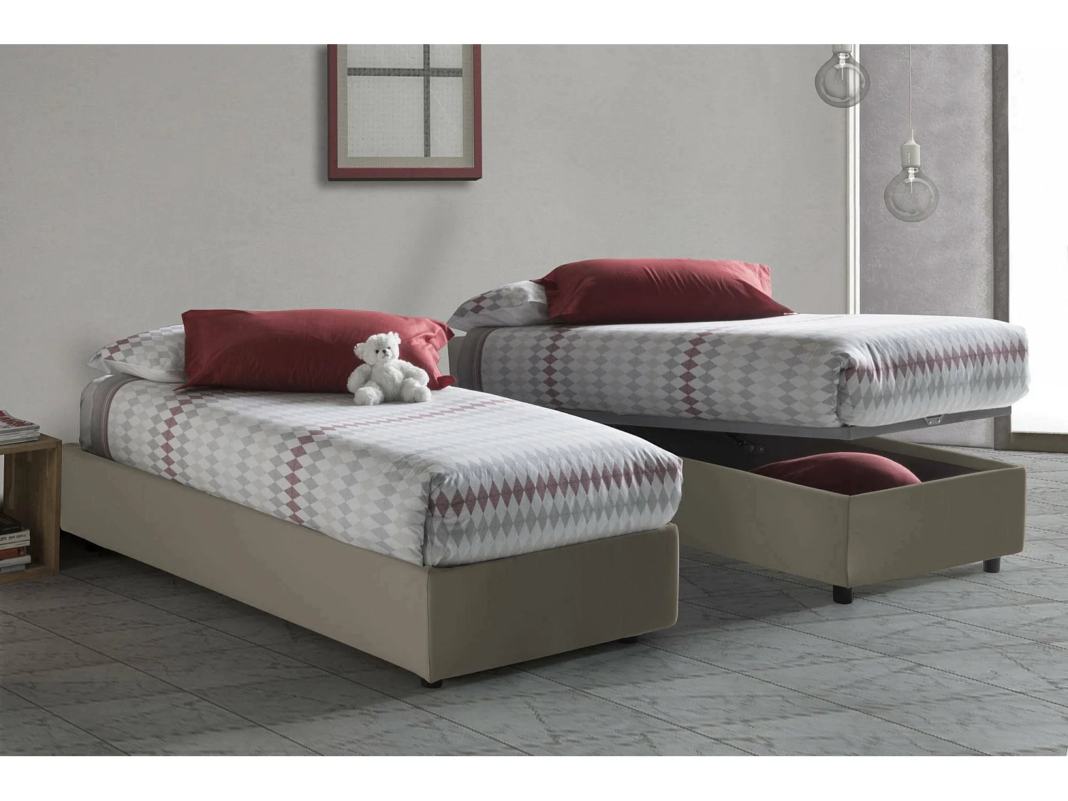 Lit simple Caterina, Lit coffre avec revêtement en tissu, 100% Made in Italy, Ouverture frontale, adapté pour matelas 80x200 cm, Taupe