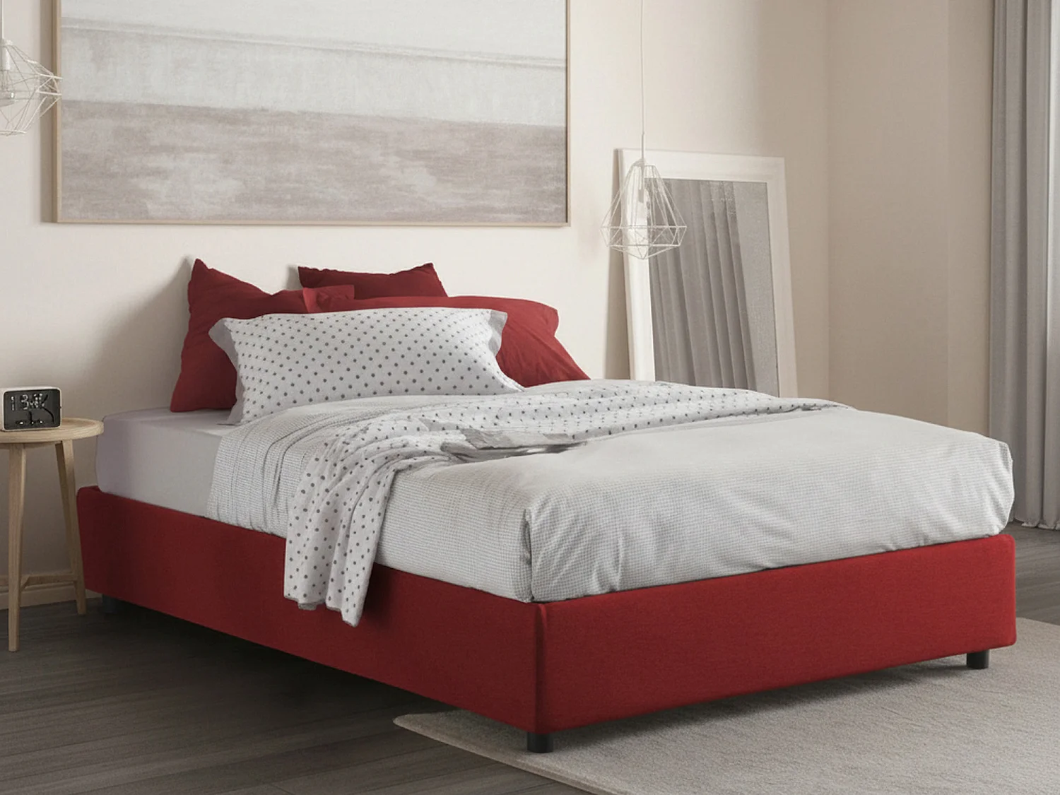 Cama de casal Chloe, Cama de armazenamento com forro de tecido, 100% Fabricado na Itália, Abertura frontal, adequada para colchão de 140x200 cm, Vermelho