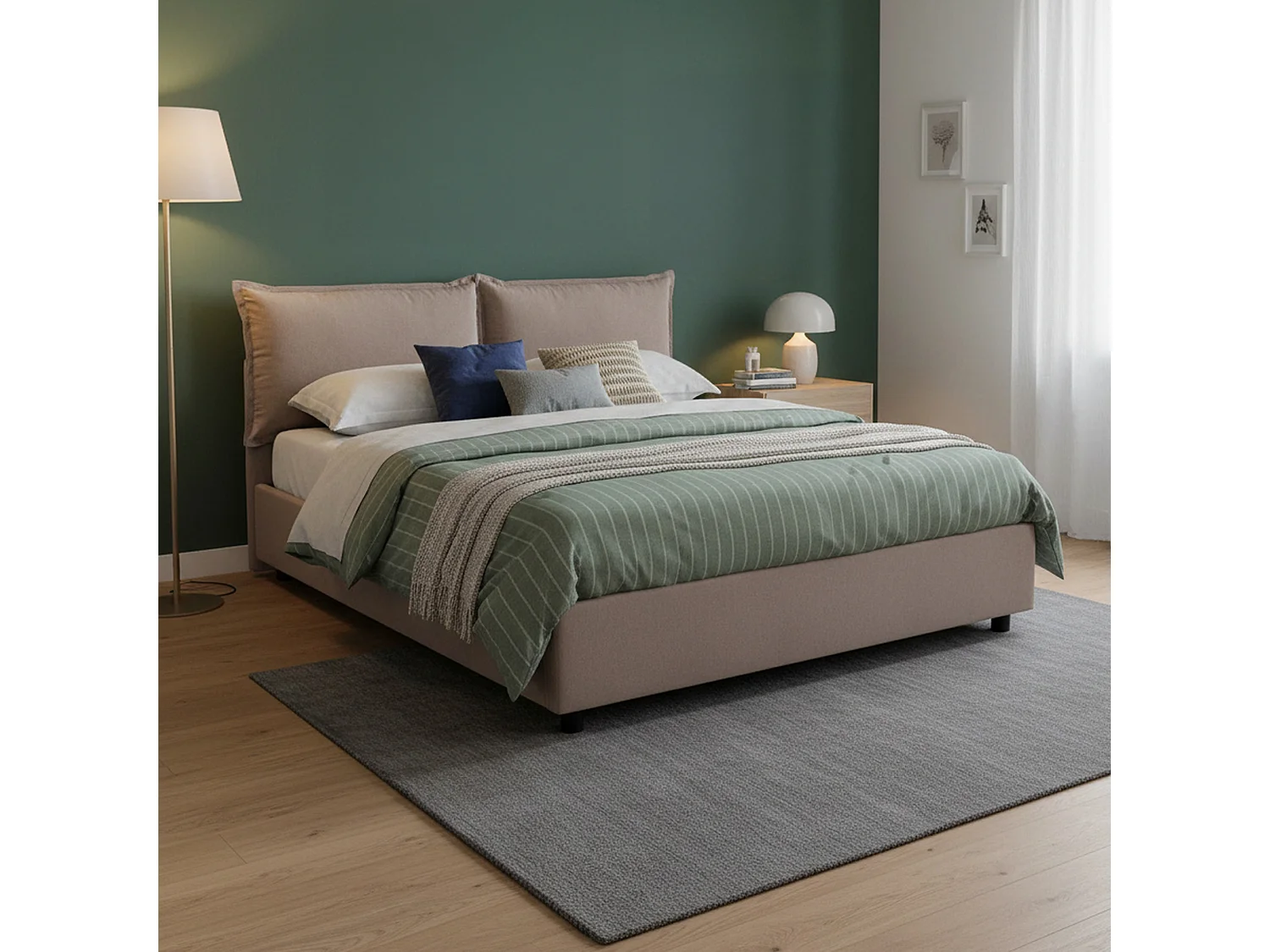 Lit double Maddalena, Lit coffre avec revêtement en tissu, 100% Made in Italy, Ouverture frontale, adapté pour matelas 140x200 cm, Taupe