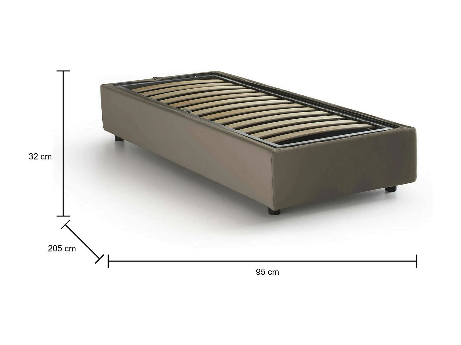 Letto singolo Ambra, Letto contenitore con rivestimento in ecopelle, 100% Made in Italy, Apertura frontale, adatto per materasso Cm 80x190, Tortora