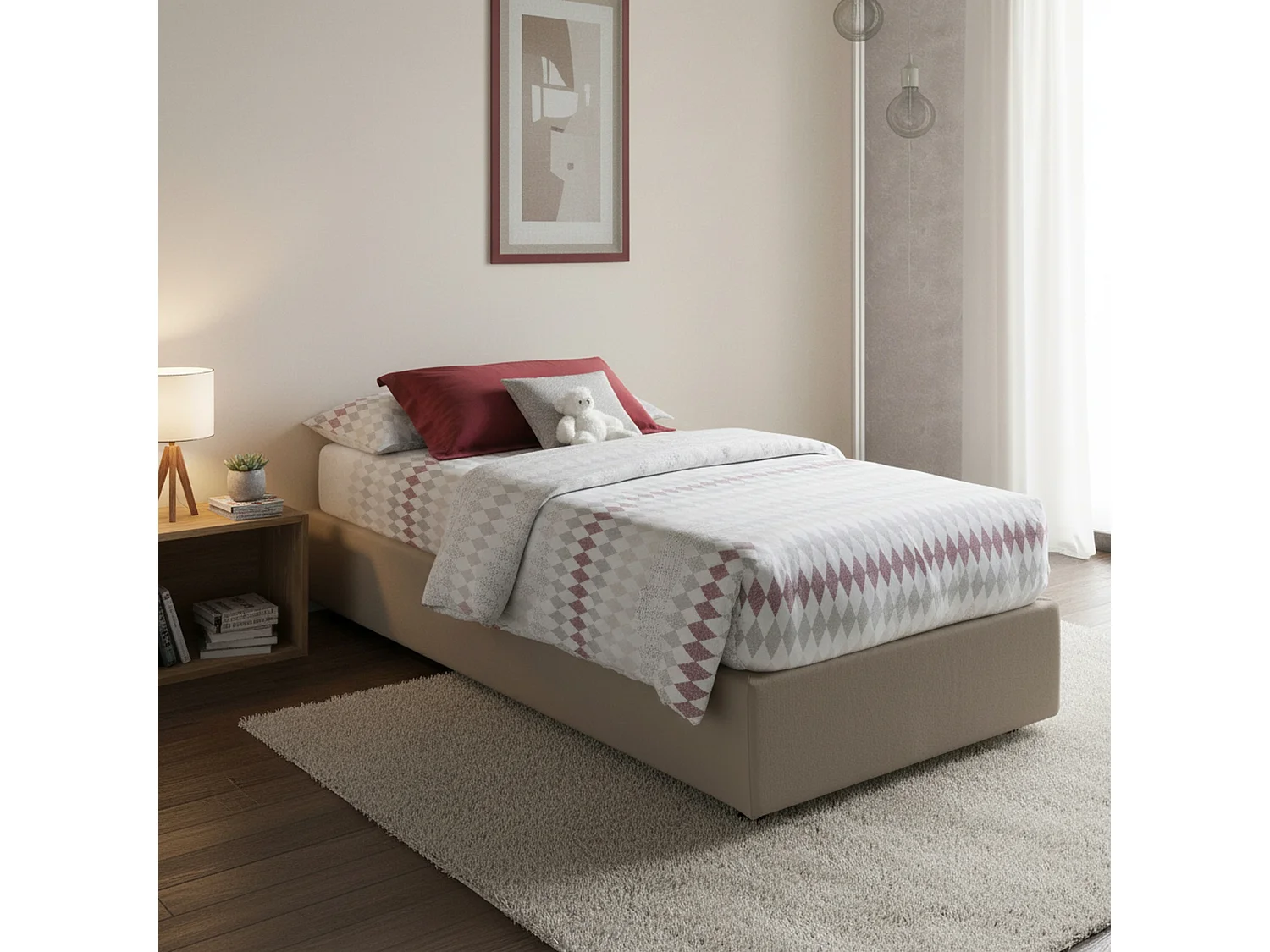 Letto singolo Ambra, Letto contenitore con rivestimento in ecopelle, 100% Made in Italy, Apertura frontale, adatto per materasso Cm 80x190, Tortora