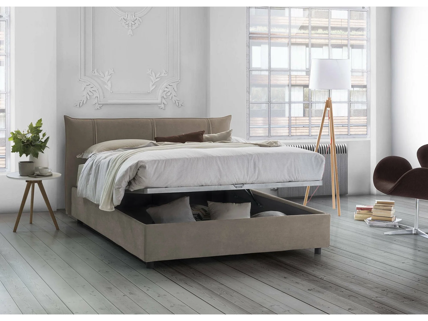 Lit double Flavia, Lit coffre avec revêtement en tissu, 100% Made in Italy, Ouverture frontale, avec matelas 160x190 cm inclus, Taupe