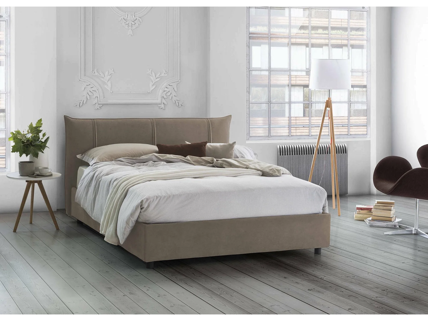 Letto matrimoniale Flavia, Letto contenitore con rivestimento in tessuto, 100% Made in Italy, Apertura frontale, con materasso 160x190 Cm incluso, Tortora