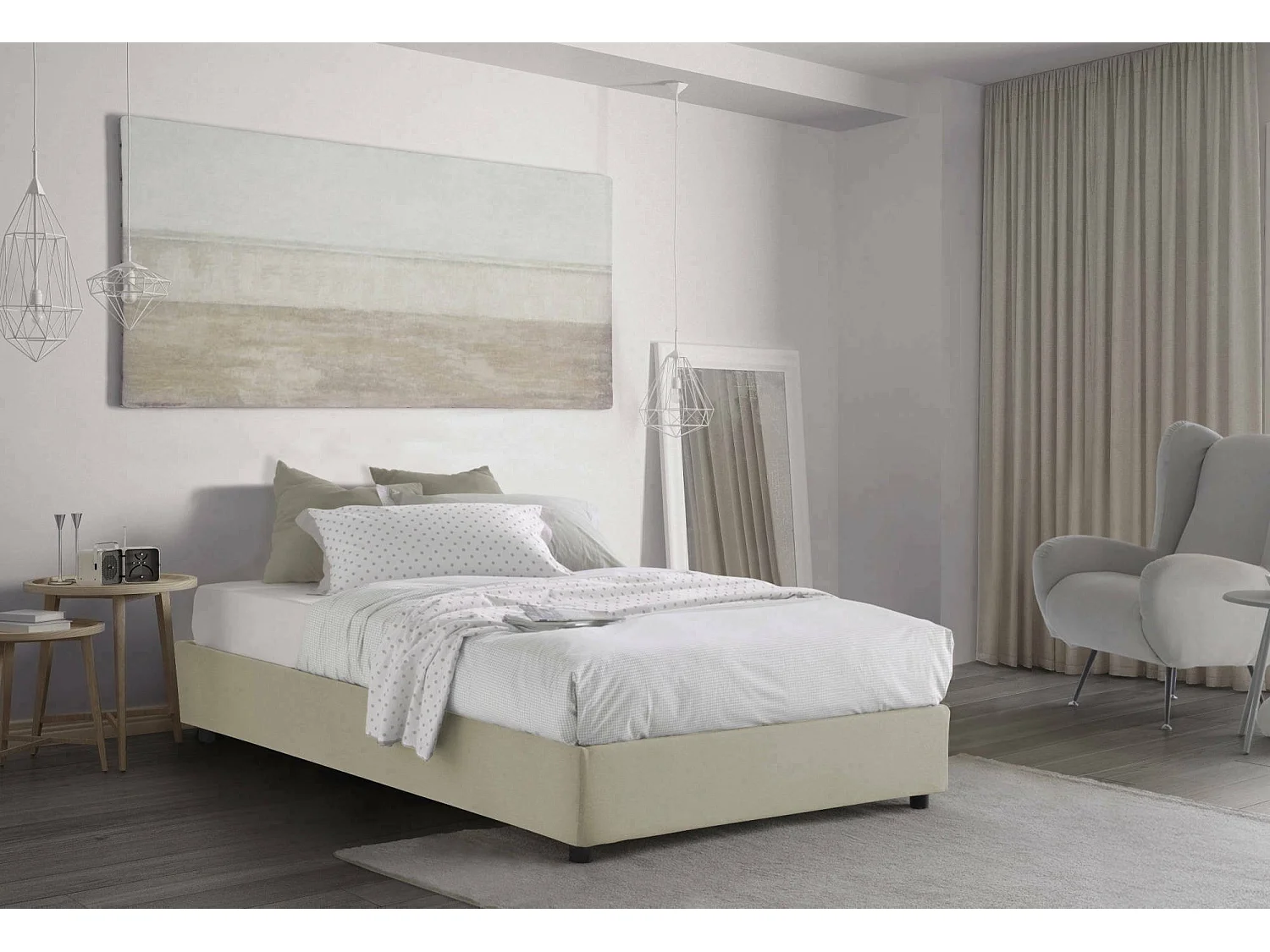 Letto piazza e mezza Rebecca, Letto contenitore con rivestimento in tessuto, 100% Made in Italy, Apertura frontale, con materasso Cm 120x200 incluso, Beige