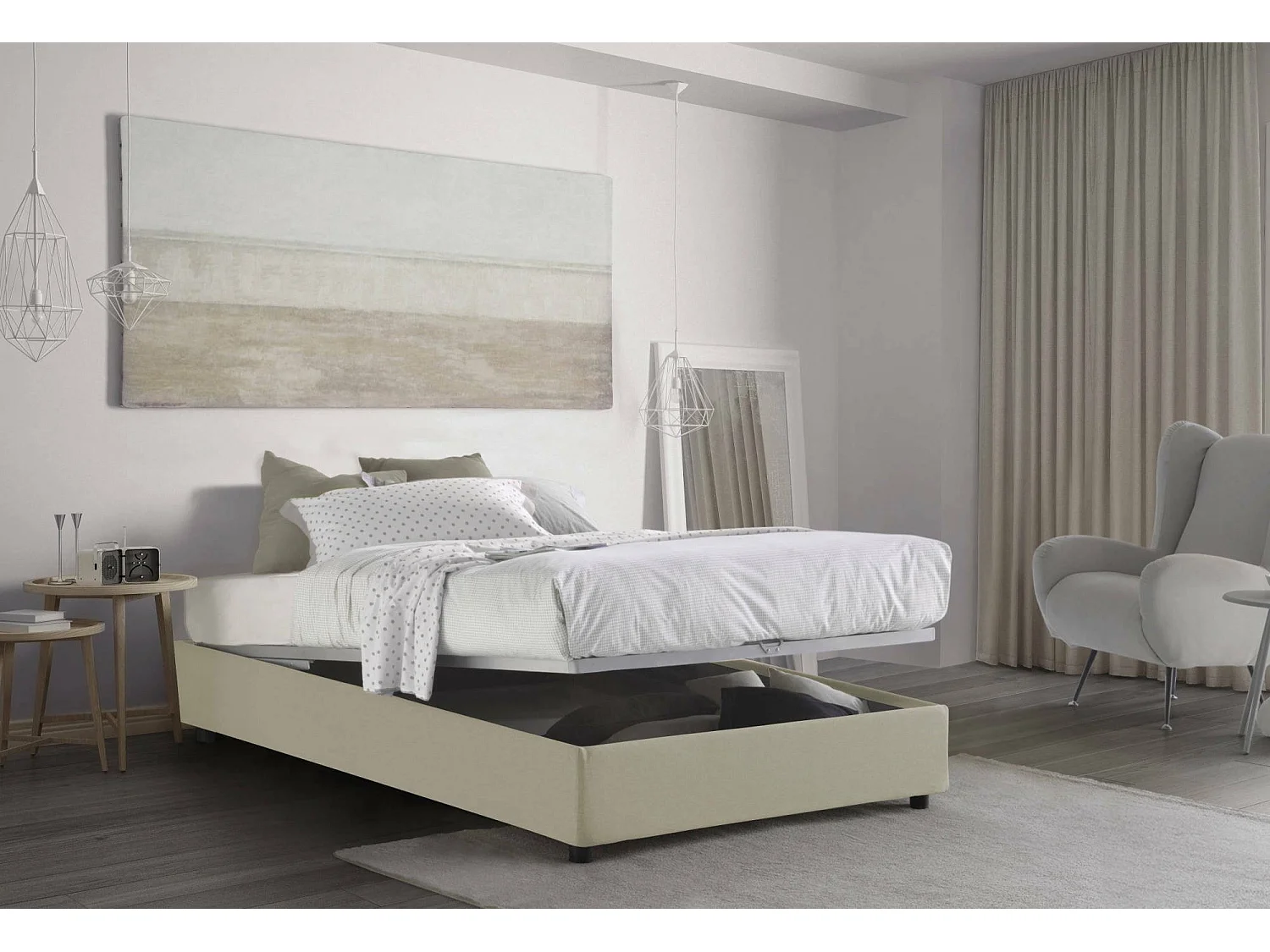 Letto piazza e mezza Rebecca, Letto contenitore con rivestimento in tessuto, 100% Made in Italy, Apertura frontale, con materasso Cm 120x200 incluso, Beige