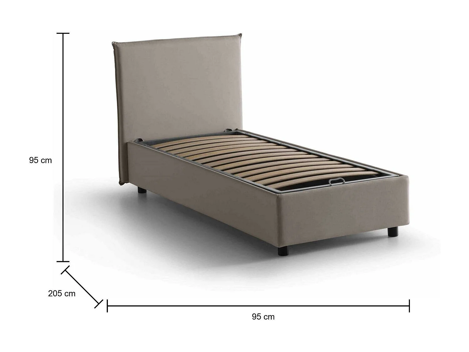 Letto singolo Bruna, Letto contenitore con rivestimento in tessuto, 100% Made in Italy, Apertura frontale, adatto per materasso Cm 80x190, Tortora