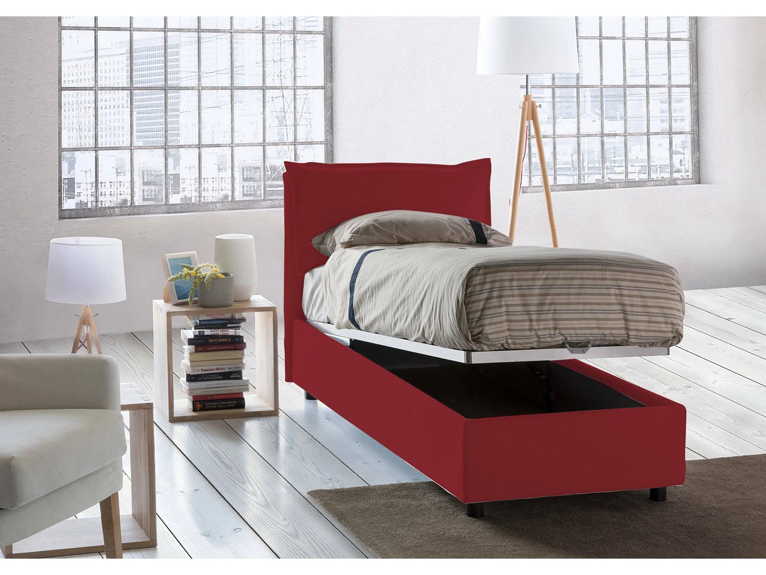 Cama individual Vanessa, Cama contenedor con revestimiento de tela, 100% Made in Italy, Apertura frontal, Apta para colchón de 80x190 cm, Rojo