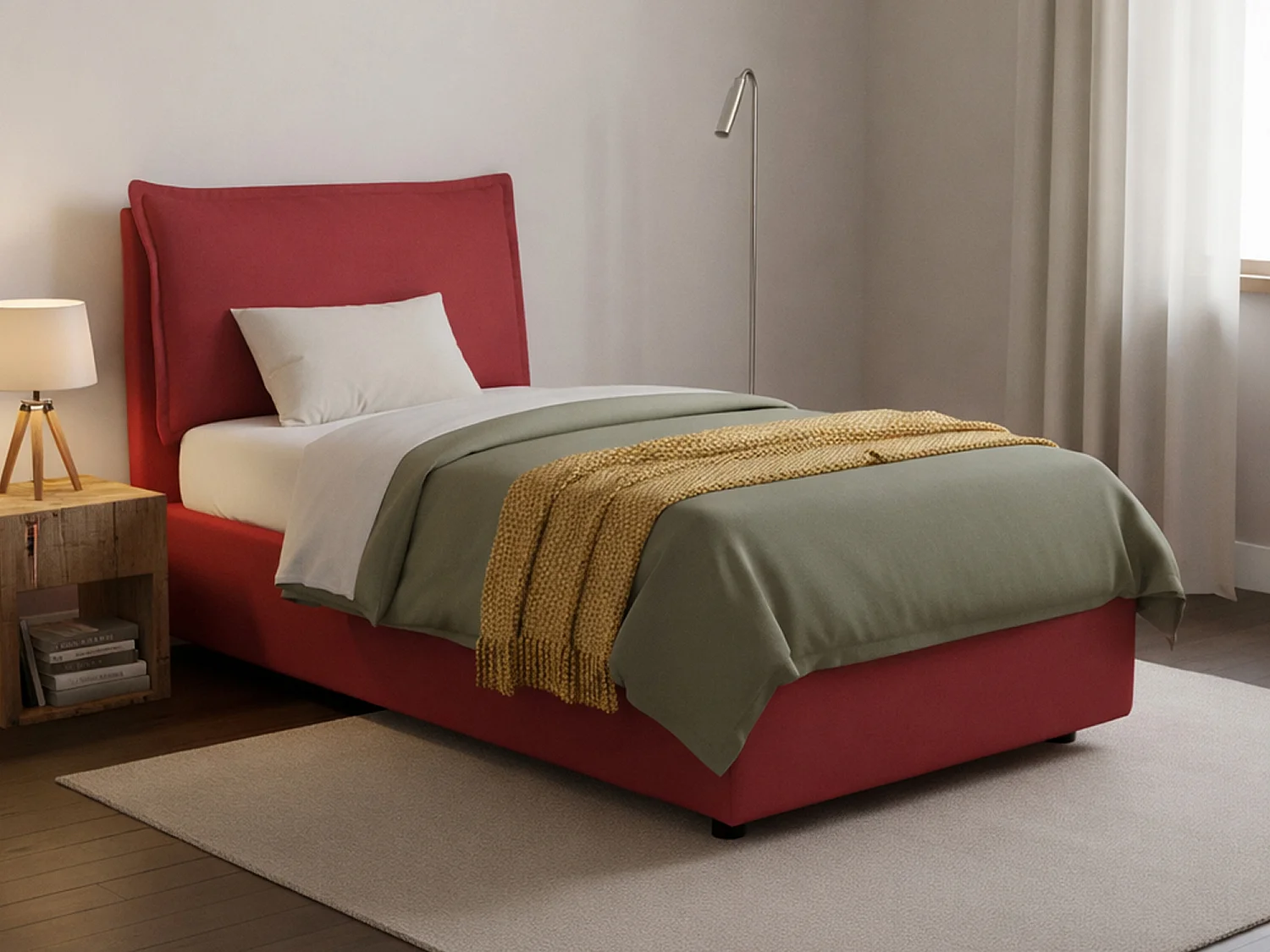 Cama individual Vanessa, Cama contenedor con revestimiento de tela, 100% Made in Italy, Apertura frontal, Apta para colchón de 80x190 cm, Rojo