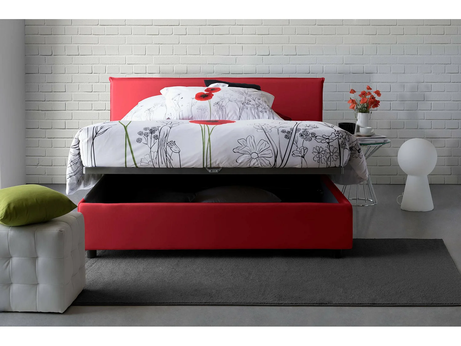 Cama de casal Bernadette, Cama de armazenamento com forro de tecido, 100% Fabricado na Itália, Abertura frontal, com colchão 140x200 cm incluído, Vermelho