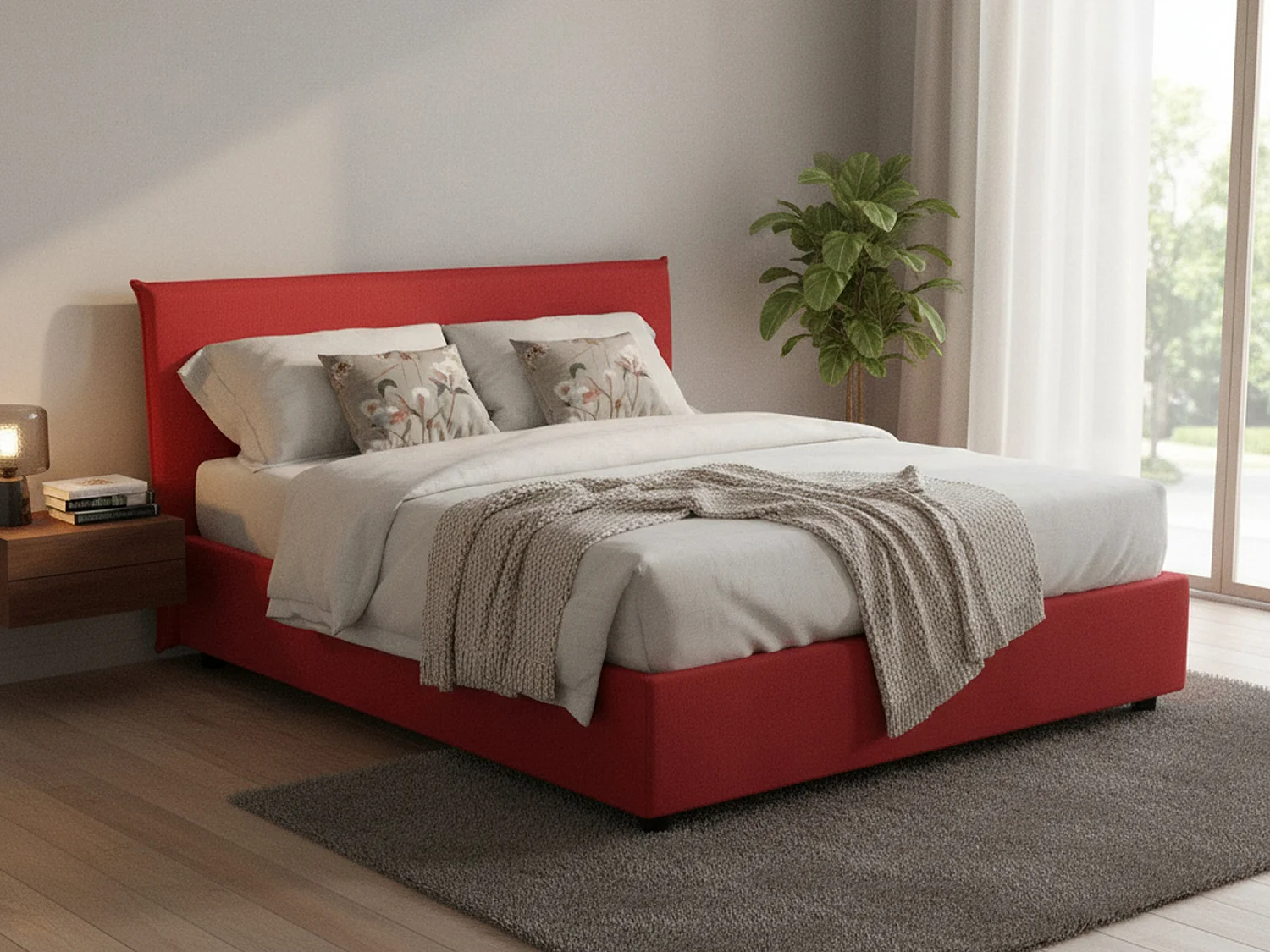 Lit double Bernadette, Lit coffre avec revêtement en tissu, 100% Made in Italy, Ouverture frontale, avec matelas 140x200 cm inclus, Rouge