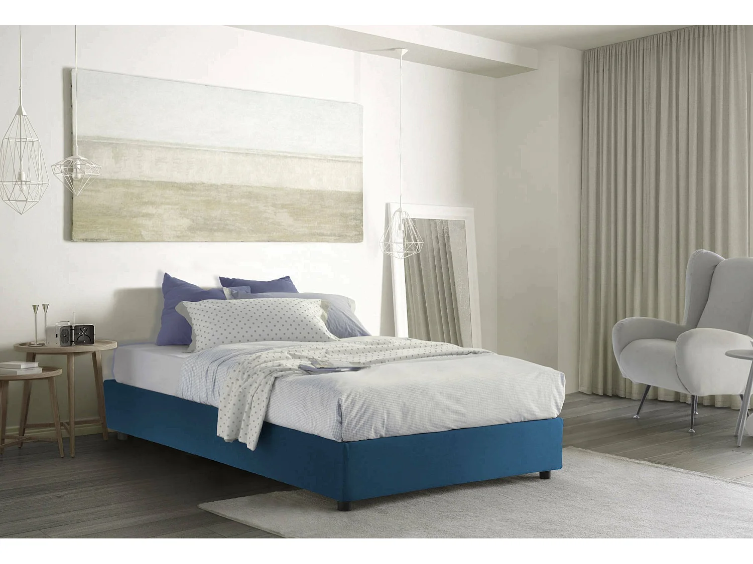 Cama doble Rebecca, Cama contenedor con revestimiento de tela, 100% Made in Italy, Apertura frontal, con colchón de 120x200 cm incluido, Azul