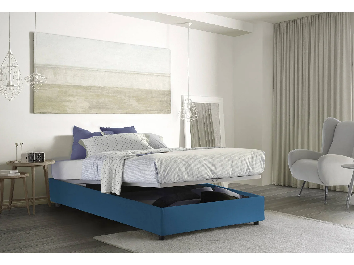 Cama doble Rebecca, Cama contenedor con revestimiento de tela, 100% Made in Italy, Apertura frontal, con colchón de 120x200 cm incluido, Azul