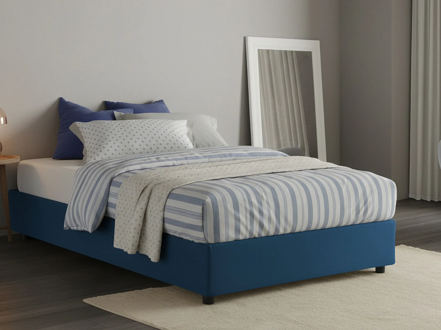 Letto piazza e mezza Rebecca, Letto contenitore con rivestimento in tessuto, 100% Made in Italy, Apertura frontale, con materasso Cm 120x200 incluso, Blu