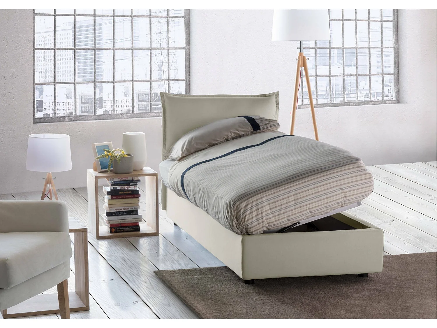 Tweepersoonsbed Roberta Beige met Matras, Verwijderbare Hoes, Opbergruimte Gemaakt in Italië